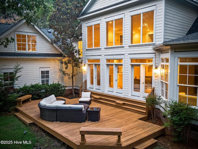 6932 Runningbrook Ter, Wilmington, NC 28411 - back of property featuring a wooden deck, an outdoor hangout area, french doors, and a shingled roof