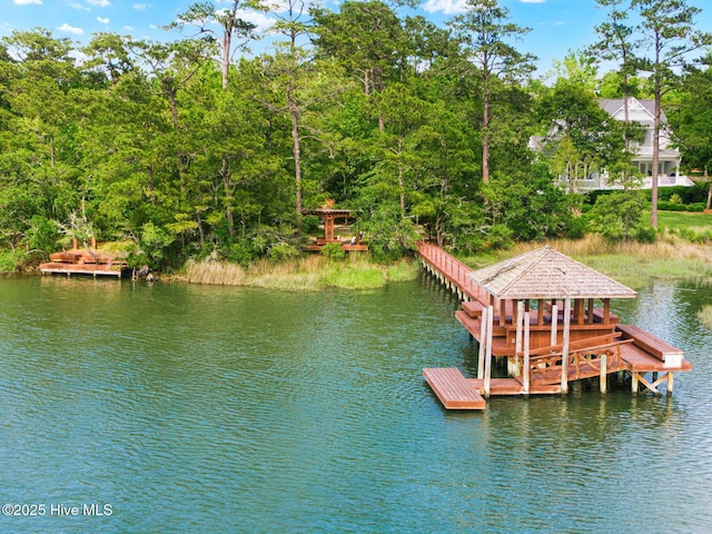 6932 Runningbrook Ter, Wilmington, NC 28411 - dock area featuring a water view, a gazebo, and view of scattered trees