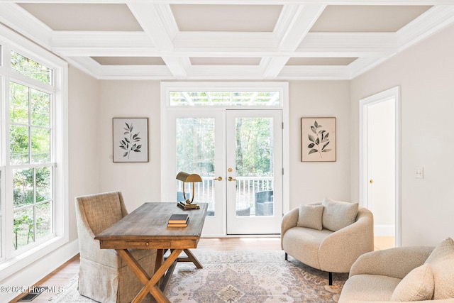 6932 Runningbrook Ter, Wilmington, NC 28411 - office area with coffered ceiling, french doors, plenty of natural light, beamed ceiling, and wood finished floors