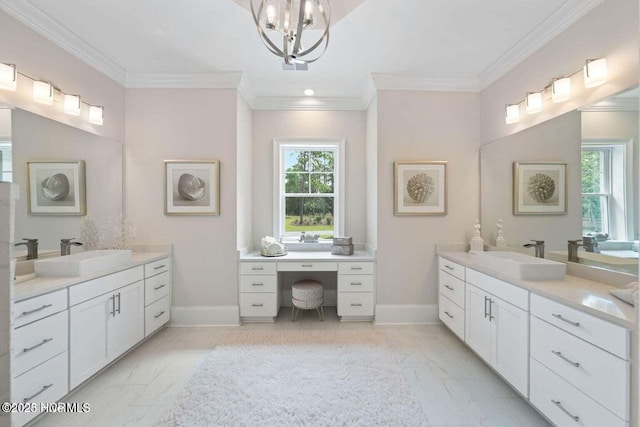 bathroom with two vanities, marble finish floor, and a sink