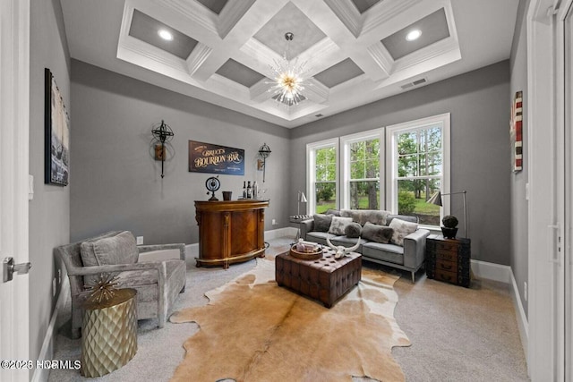 living room featuring baseboards, recessed lighting, visible vents, beam ceiling, and coffered ceiling