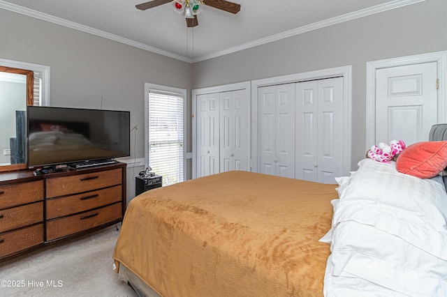 bedroom with ceiling fan, crown molding, multiple closets, and light carpet