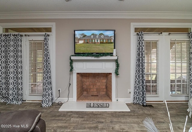 living room featuring a fireplace with raised hearth, a healthy amount of sunlight, baseboards, and wood finished floors