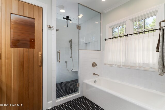 full bath with a bath, recessed lighting, tile patterned floors, and a stall shower