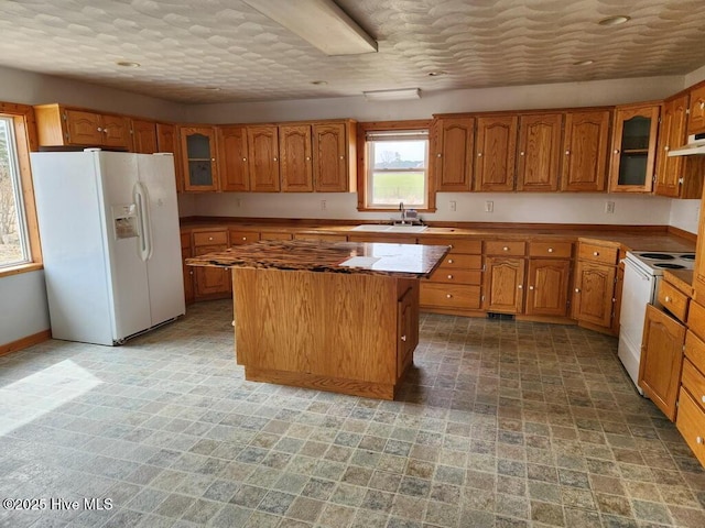 105 Hollowell Rd, Aulander, NC 27805 - kitchen with white appliances, a kitchen island, a sink, glass insert cabinets, and brown cabinets