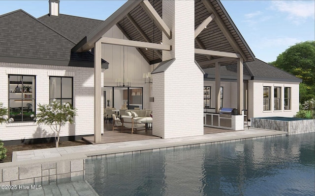 103 Chesterfield Dr, Pinehurst, NC 28374 - rear view of house featuring an outdoor kitchen, an outdoor living space, an outdoor pool, board and batten siding, and a shingled roof