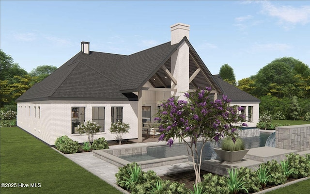 103 Chesterfield Dr, Pinehurst, NC 28374 - rear view of house with roof with shingles, a lawn, a chimney, and a patio