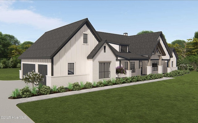 103 Chesterfield Dr, Pinehurst, NC 28374 - modern farmhouse style home featuring board and batten siding, a front lawn, concrete driveway, and brick siding