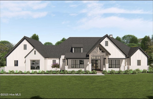 103 Chesterfield Dr, Pinehurst, NC 28374 - modern farmhouse style home with board and batten siding, a front lawn, a chimney, a shingled roof, and french doors