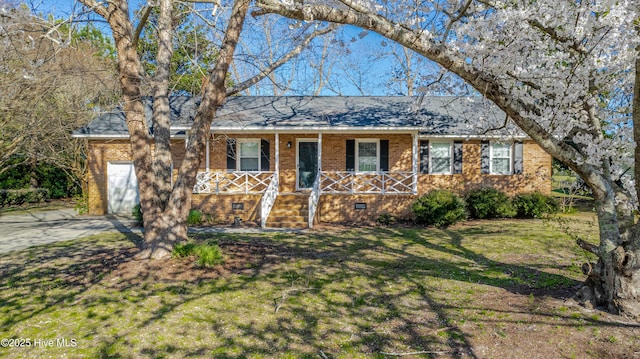 single story home with a front lawn, covered porch, roof with shingles, crawl space, and brick siding