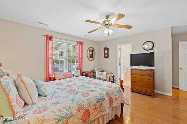 6 White Ln, Oak Island, NC 28465 - bedroom featuring a ceiling fan, visible vents, light wood-style flooring, and baseboards