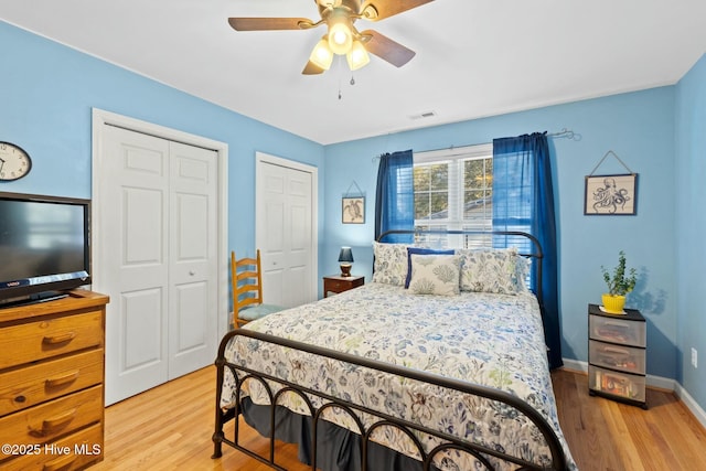 6 White Ln, Oak Island, NC 28465 - bedroom featuring a ceiling fan, visible vents, multiple closets, and light wood-type flooring