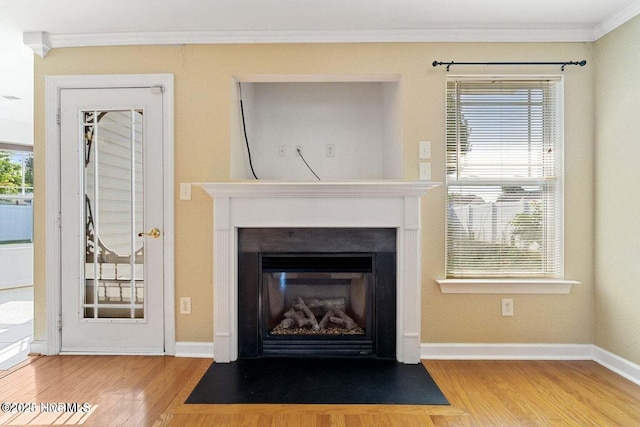 room details featuring wood finished floors, baseboards, a fireplace with flush hearth, and ornamental molding