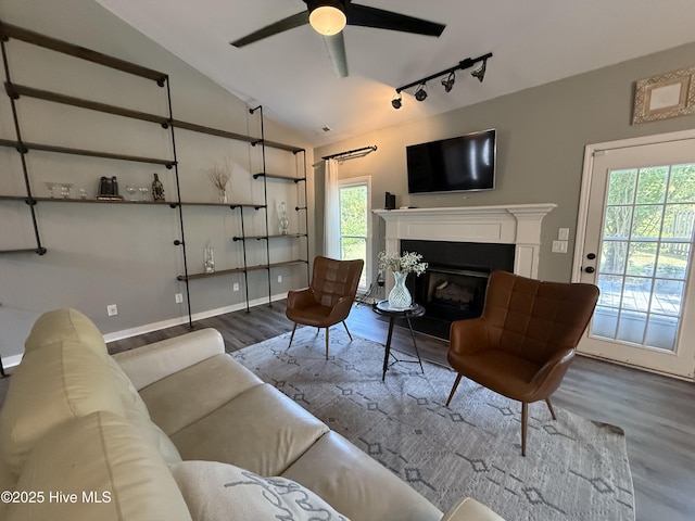 1123 Mill Run Rd, Sneads Ferry, NC 28460 - living area featuring ceiling fan, vaulted ceiling, wood finished floors, and a fireplace