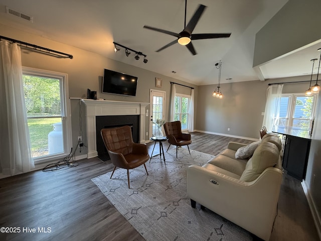 1123 Mill Run Rd, Sneads Ferry, NC 28460 - living room featuring visible vents, wood finished floors, ceiling fan, rail lighting, and a fireplace with flush hearth