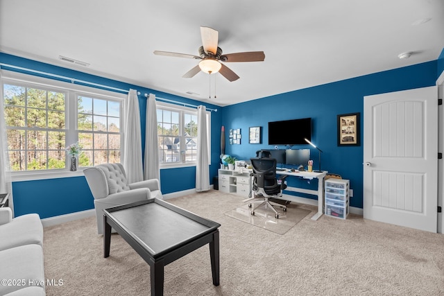 214 Green Trees Dr, New Bern, NC 28560 - home office featuring baseboards, ceiling fan, carpet, and visible vents