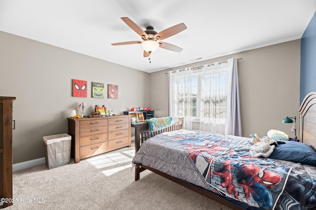 214 Green Trees Dr, New Bern, NC 28560 - bedroom featuring baseboards, visible vents, ceiling fan, and light colored carpet
