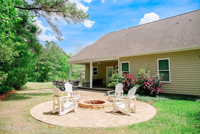 214 Green Trees Dr, New Bern, NC 28560 - view of patio / terrace featuring ceiling fan and an outdoor fire pit