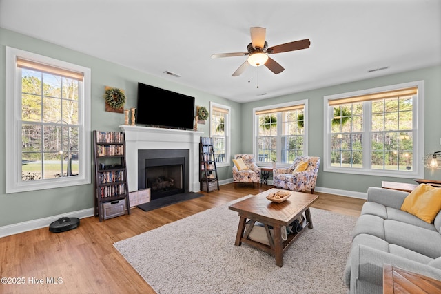 214 Green Trees Dr, New Bern, NC 28560 - living area with baseboards, ceiling fan, a fireplace, and visible vents
