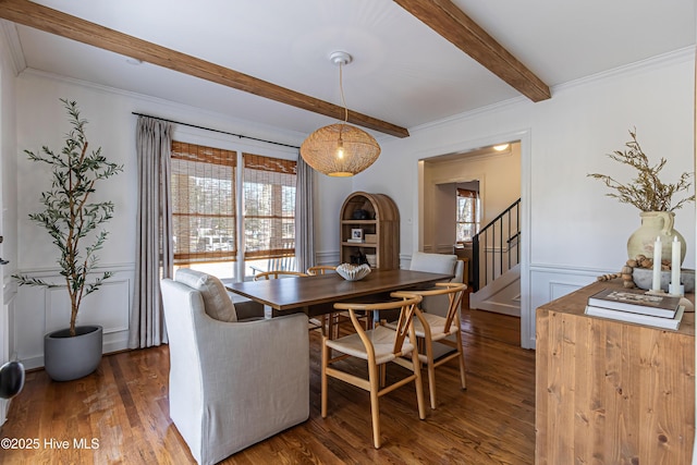 dining area featuring dark wood finished floors, stairway, beamed ceiling, and a healthy amount of sunlight
