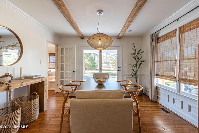 dining area with wood finished floors, visible vents, beam ceiling, wainscoting, and a decorative wall