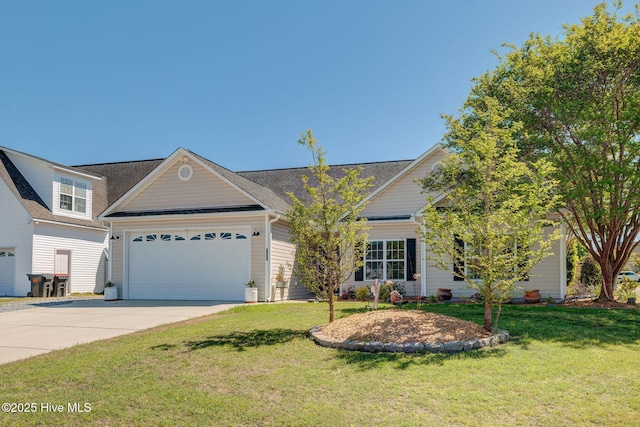 view of front facade featuring concrete driveway, an attached garage, and a front yard
