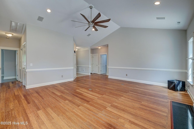 unfurnished living room featuring visible vents, recessed lighting, light wood-style floors, lofted ceiling, and a ceiling fan