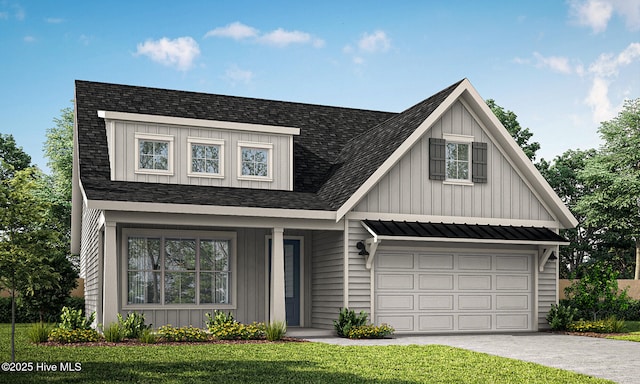 1348 Trisail Ter, Wilmington, NC 28412 - view of front facade featuring roof with shingles, covered porch, concrete driveway, board and batten siding, and a front yard