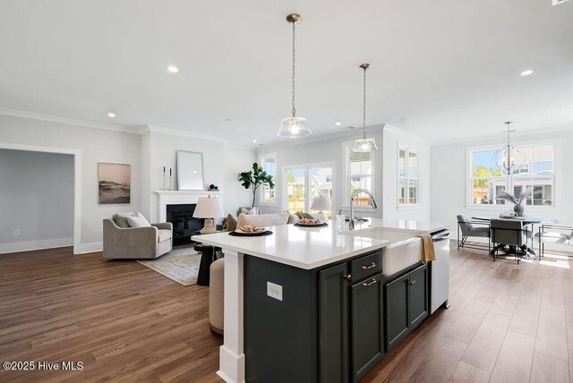 1348 Trisail Ter, Wilmington, NC 28412 - kitchen featuring dark wood-style flooring, a sink, light countertops, ornamental molding, and recessed lighting