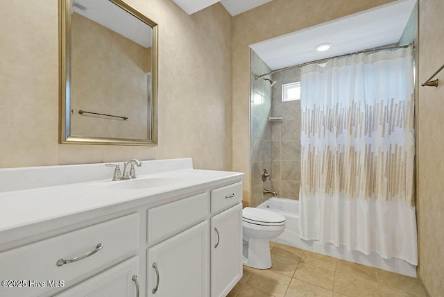 bathroom featuring toilet, shower / tub combo, vanity, and tile patterned flooring