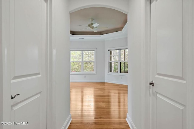 hall featuring crown molding, a tray ceiling, baseboards, and light wood-type flooring