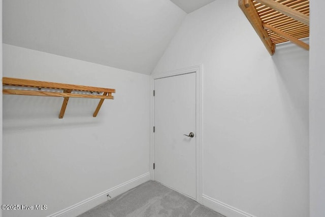 walk in closet featuring light carpet and lofted ceiling