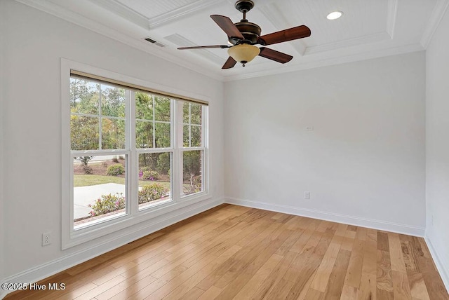 unfurnished room with light wood-type flooring, baseboards, visible vents, coffered ceiling, and ceiling fan