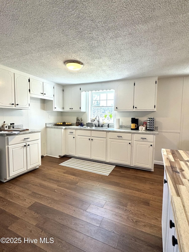 1309 Gaston Sellers Rd, Whiteville, NC 28472 - kitchen featuring a sink, dark wood-style flooring, white cabinetry, and a textured ceiling