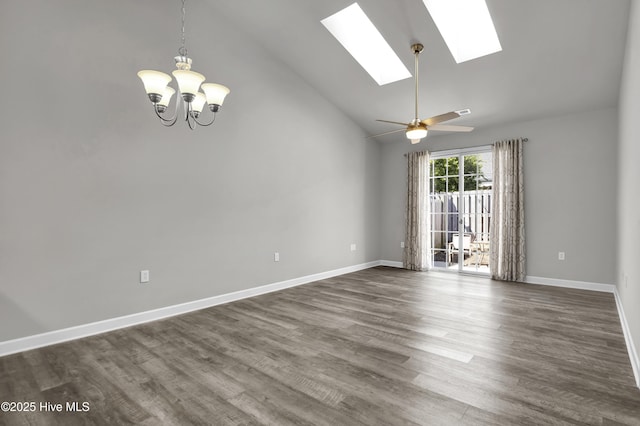 5006 Carleton Dr Unit 141, Wilmington, NC 28403 - spare room with a skylight, high vaulted ceiling, a chandelier, baseboards, and dark wood-style flooring