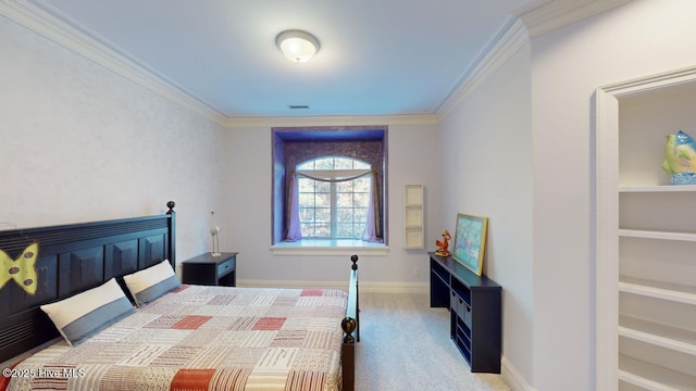 bedroom with carpet flooring, visible vents, baseboards, and ornamental molding