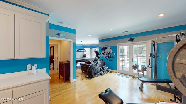 exercise area with crown molding, baseboards, recessed lighting, light wood-style flooring, and french doors