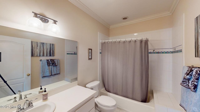 full bath featuring vanity, toilet, shower / bathtub combination with curtain, and ornamental molding