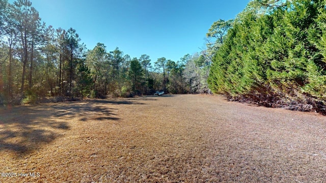 exterior space featuring a forest view