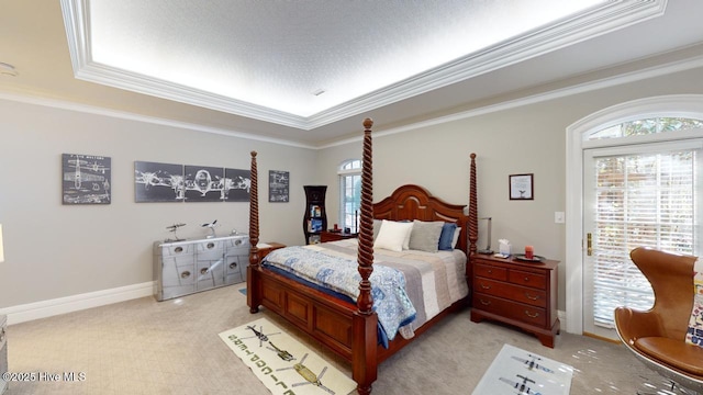 bedroom with crown molding, access to outside, multiple windows, and baseboards