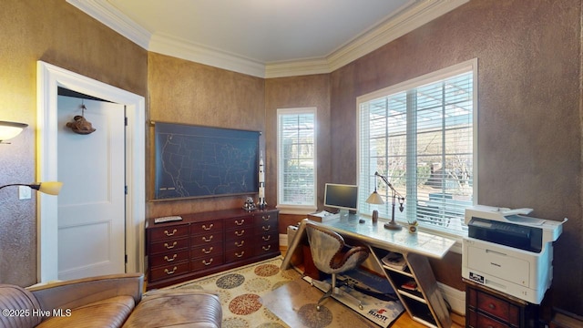 home office with crown molding and a textured wall