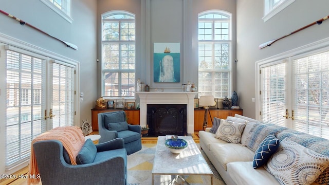 living area with plenty of natural light, a towering ceiling, and a fireplace