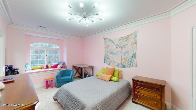 bedroom featuring visible vents, crown molding, baseboards, carpet flooring, and an inviting chandelier