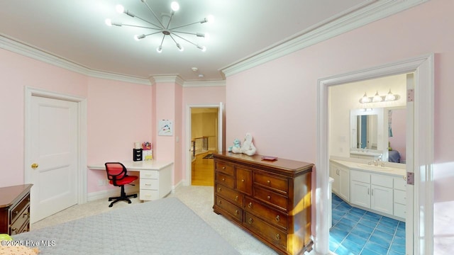 bedroom with light carpet, a notable chandelier, ornamental molding, a sink, and ensuite bath