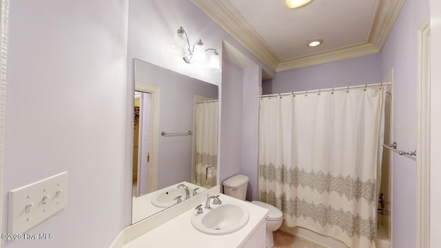 full bathroom with vanity, toilet, and crown molding