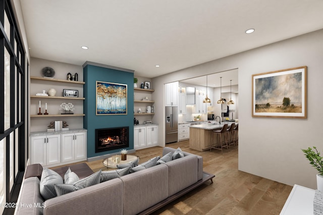 living room with recessed lighting, a lit fireplace, and light wood-type flooring