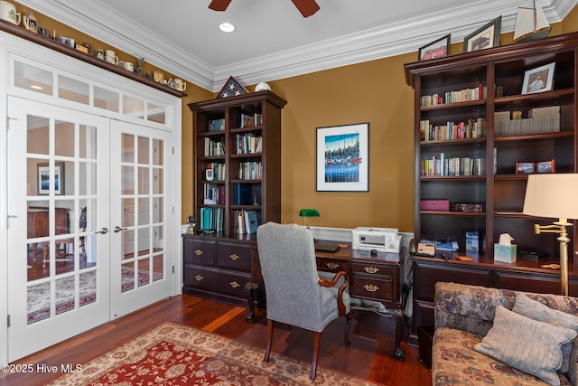home office featuring dark wood-type flooring, ornamental molding, recessed lighting, french doors, and ceiling fan