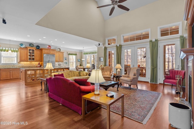 living room with a high ceiling, a healthy amount of sunlight, light wood-type flooring, and ceiling fan