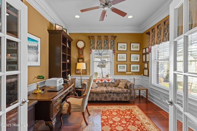 office area featuring ornamental molding, wood finished floors, recessed lighting, wainscoting, and ceiling fan