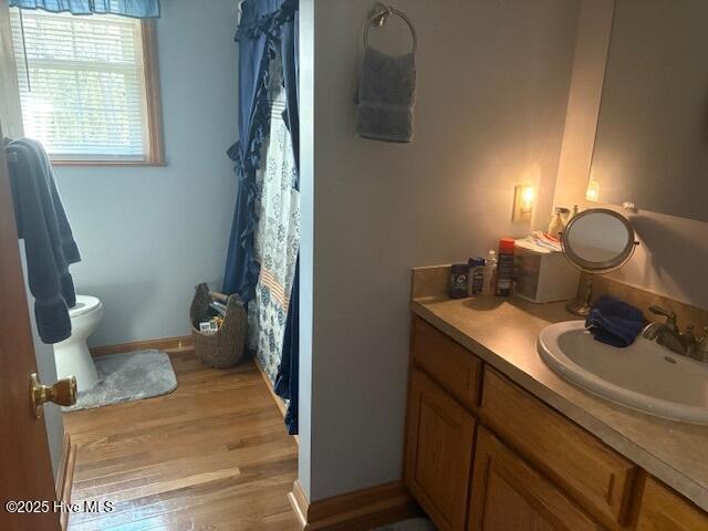 bathroom featuring toilet, vanity, baseboards, and wood finished floors